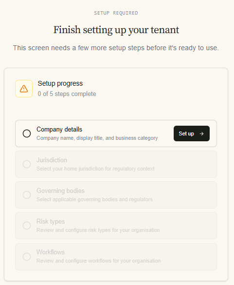 Setup steps screen.